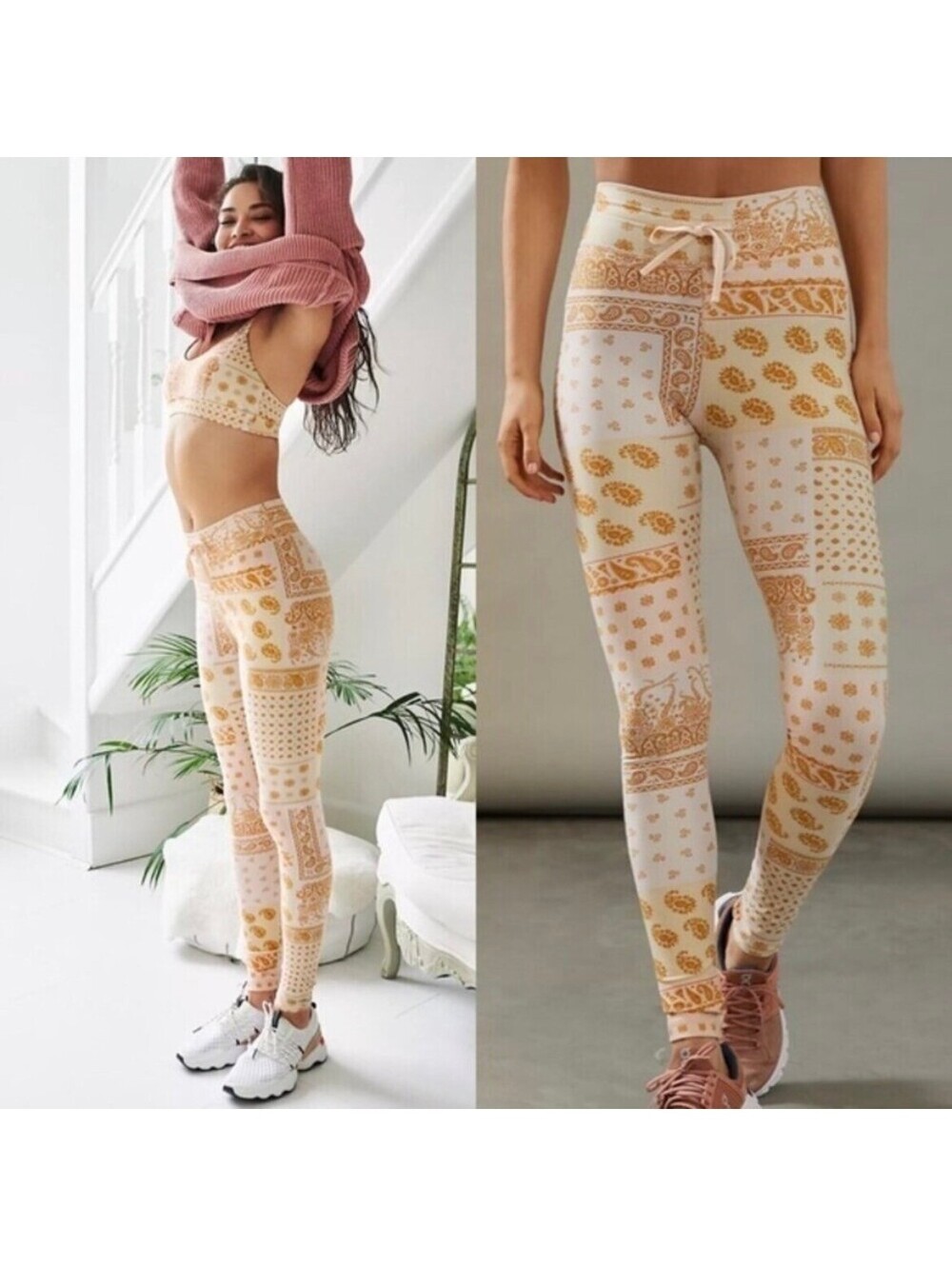 The Upside Women's Printed Leggings in Beige and Gold Patchwork Pattern, Size S